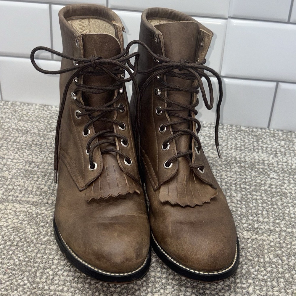 Justin Junior Boot Kiltie Roper Brown Sz 4.5 D Lace Up